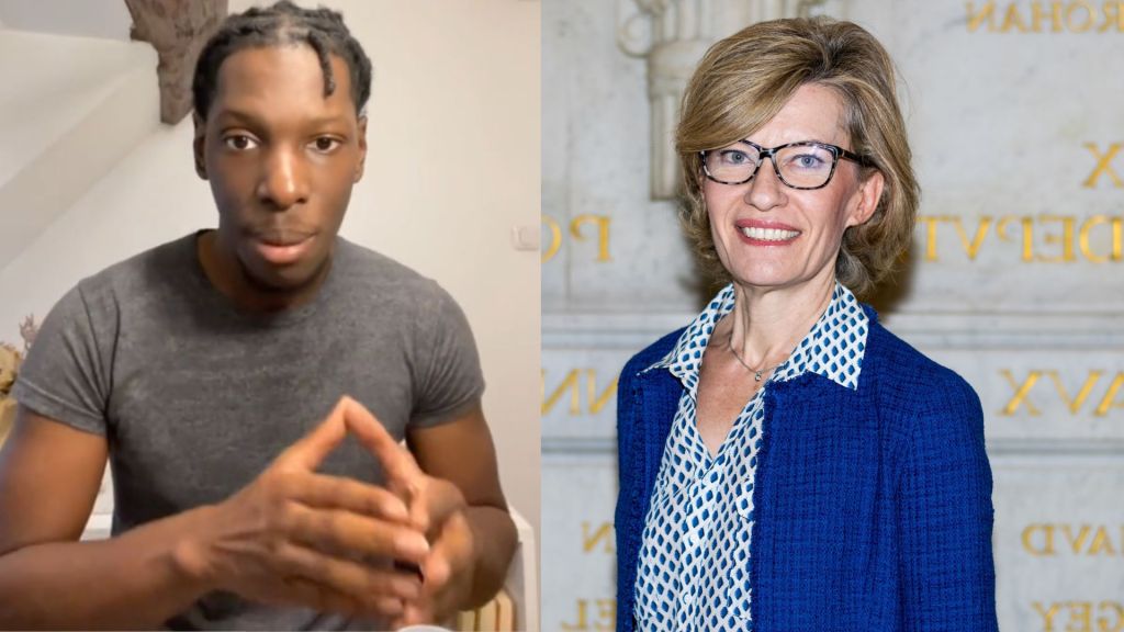 Anne Genetet dans la salle des Quatre Colonnes du Palais Bourbon et senseidesmots dans sa sa vidéo Tiktok "Mon rendez-vous avec la ministre de l’éducation"